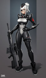 Rule 34 | 1girl, artist name, beret, black bodysuit, black footwear, blue eyes, bodysuit, boots, breasts, commentary, contrapposto, eyepatch, full body, genkai zero, grey background, gun, hand on own hip, hat, highres, large breasts, legband, looking at viewer, one eye covered, original, parted lips, ponytail, pouch, rifle, sniper rifle, solo, standing, thigh strap, valestina, weapon, white hair