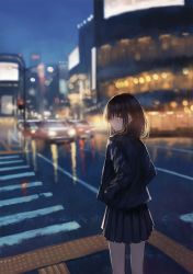 Rule 34 | 1girl, black hair, black jacket, black skirt, blurry, blurry background, bokeh, brown eyes, building, car, city, cityscape, closed mouth, commentary, cowboy shot, crosswalk, depth of field, evening, from behind, hair strand, hands in pockets, headlight, jacket, kagumanikusu, lamppost, looking at viewer, looking back, medium hair, miniskirt, motor vehicle, original, pleated skirt, road, scenery, skirt, solo, street, tactile paving, tail lights, wet pavement