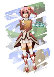 Rule 34 | 1girl, alfa system, blush, coat, copyright name, green eyes, hairband, highres, kanonno grassvalley, long hair, open mouth, pink hair, ribbon, shoes, skirt, tales of (series), tales of the world radiant mythology 3, thighhighs, tree