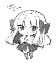 Rule 34 | 1girl, anna (ikeuchi tanuma), blush, bow, chibi, greyscale, hair bow, ikeuchi tanuma, long hair, long sleeves, looking at viewer, miniskirt, monochrome, original, parted lips, shirt, simple background, skirt, solo, thighhighs, white background