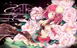 Rule 34 | 1girl, bandages, between breasts, bow, breasts, brown ribbon, brown tabard, bun cover, cuffs, detached sleeves, domotolain, double bun, floral print, flower, hair bun, hand on own chest, ibaraki kasen, outstretched arm, outstretched hand, petals, pink eyes, pink flower, pink hair, pink rose, puffy sleeves, red bow, red ribbon, ribbon, rose, rose petals, shackles, shirt, short sleeves, skirt, solo, tabard, touhou