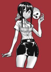 Rule 34 | 1girl, belt, bird, bra visible through clothes, breasts, cigarette, closed mouth, collared shirt, cropped legs, erica (naze1940), greyscale, greyscale with colored background, hair between eyes, hand up, highres, holding, holding cigarette, looking at viewer, medium breasts, miniskirt, monochrome, original, owl, pencil skirt, ponytail, red background, shirt, short sleeves, sidelocks, simple background, skirt, smile, solo, standing, wing collar