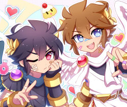 Rule 34 | 2boys, absurdres, angel, angel wings, annoyed, arm support, bandaid, bandaid on face, bandaid on nose, black hair, blue eyes, bottle, commentary, dark pit, enni, feathered wings, heart, highres, kid icarus, kid icarus uprising, laurel crown, male focus, multiple boys, nintendo, one eye closed, pit (kid icarus), red eyes, short hair, siblings, smile, symbol-only commentary, twins, w, wings