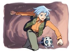 Rule 34 | 1boy, aron, belt, belt buckle, blue eyes, blue hair, border, buckle, cave interior, collared shirt, commentary request, creatures (company), game freak, gen 3 pokemon, green pants, green vest, highres, i g1ax, jewelry, long sleeves, male focus, nintendo, open mouth, orange shirt, pants, pokemon, pokemon (anime), pokemon (creature), pokemon rse (anime), ring, running, shirt, short hair, steven stone, tongue, twitter username, vest, white border