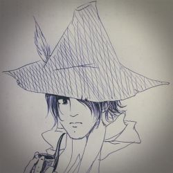 Rule 34 | 1boy, cosplay, feathers, gradient background, hat, inaba koshi, male focus, monochrome, moomin, sanie714, sketch, smoking pipe, snufkin, snufkin (cosplay), solo