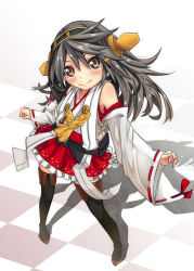 Rule 34 | 10s, 1girl, black hair, blush, boots, brown eyes, detached sleeves, haruna (kancolle), highres, kantai collection, long hair, long sleeves, nontraditional miko, personification, pleated skirt, skirt, smile, solo, thigh boots, thighhighs, umino mokuzu (shizumisou), wide sleeves, zettai ryouiki