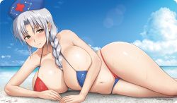 Rule 34 | + +, 1girl, adapted costume, beach, black eyes, blue sky, blush, braid, breasts, closed mouth, collarbone, constellation, cross, day, diisuke, hair between breasts, hair intakes, hair over shoulder, halterneck, halterneck, hat, highres, huge breasts, long hair, looking at viewer, lying, navel, nurse cap, on side, outdoors, plump, red cross, sidelocks, silver hair, single braid, skindentation, sky, solo, stomach, sweat, touhou, yagokoro eirin
