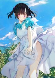 Rule 34 | 1girl, black hair, blue shirt, blue sky, blunt bangs, blush, closed mouth, cloud, cloudy sky, collarbone, contrapposto, covering privates, covering crotch, day, dot nose, dress, dress tug, feet out of frame, floating clothes, hair ornament, hair scrunchie, kamizaki hibana, legs apart, long bangs, looking at viewer, nature, no panties, original, outdoors, pleated dress, puffy short sleeves, puffy sleeves, purple eyes, raised eyebrows, scrunchie, shirt, short hair, short sleeves, short twintails, sidelocks, sky, sleeveless, sleeveless dress, solo, thighs, tree, twintails, white dress, wind, wind lift