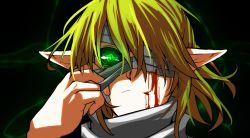 Rule 34 | 1girl, bandages, bandage over one eye, blonde hair, blood, blood on face, bloody bandages, closed mouth, frown, green eyes, looking at viewer, manekinekoppoi inu, mizuhashi parsee, pointy ears, portrait, scarf, short hair, solo, touhou, white scarf