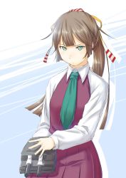 Rule 34 | 10s, 1girl, blue eyes, bow, gradient background, hair bow, highres, kantai collection, kazagumo (kancolle), looking at viewer, necktie, niwatazumi, ponytail, solo, striped, striped background, turret