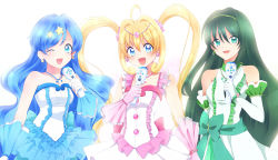 Rule 34 | 00s, 3girls, bad id, bad pixiv id, blonde hair, blue eyes, blue hair, blush, earrings, elbow gloves, female focus, gloves, green eyes, green hair, hair ornament, highres, houshou hanon, jewelry, long hair, mermaid melody pichi pichi pitch, microphone, multiple girls, nanami lucia, necklace, one eye closed, open mouth, shell, shell earrings, skirt, smile, star (symbol), star earrings, star hair ornament, surumeri (baneiro), touin rina, twintails, white background, wink