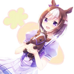 Rule 34 | 1girl, :d, animal ears, blouse, blush, bow, brown hair, carrot, hair bow, hands up, highres, holding, holding stuffed toy, horse ears, horse girl, multicolored hair, nyaa (nnekoron), open mouth, purple bow, purple eyes, purple shirt, school uniform, shirt, short hair, short sleeves, skirt, smile, solo, special week (umamusume), standing, stuffed animal, stuffed horse, stuffed toy, two-tone hair, umamusume, white background, white skirt