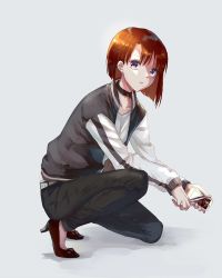Rule 34 | 1girl, bad id, bad twitter id, belt, black choker, black footwear, black jacket, black pants, blue eyes, bob cut, cellphone, choker, closed mouth, commentary, earrings, from side, grey background, high heels, holding, holding phone, jacket, jewelry, leaning forward, light frown, long sleeves, looking at viewer, macho ojiji, on one knee, open clothes, open jacket, original, pants, phone, raglan sleeves, red hair, shadow, shirt, short hair, simple background, single vertical stripe, smartphone, solo, straight hair, white belt, white shirt