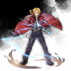 Rule 34 | 1boy, belt, black belt, black footwear, black pants, black shirt, blonde hair, boots, braid, braided ponytail, chain, coat, dust, edward elric, floating clothes, frown, full body, fullmetal alchemist, gloves, highres, male focus, mechanical arms, palms together, pants, red coat, shirt, single glove, single mechanical arm, solo, white gloves, yellow eyes, zrae