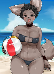 Rule 34 | 1girl, absurdres, animal ears, animal nose, arm at side, bags under eyes, ball, bare shoulders, beach, beachball, bikini, black bikini, black eyes, blue sky, blurry, blurry background, blush, body fur, breasts, brown fur, brown hair, cameltoe, claws, cleavage, cleft of venus, cloud, collarbone, cowboy shot, day, eyepatch bikini, female focus, fox ears, fox girl, fox tail, furry, furry female, groin, half-closed eyes, happy, highres, holding, holding ball, horizon, large breasts, navel, ocean, open mouth, original, outdoors, piercing, sand, shiny skin, short hair, sidelocks, skindentation, sky, smile, snout, solo, sparkle, standing, stomach, straight-on, string bikini, suima (sleepiness18), swimsuit, tail, thick thighs, thighs, toned, tongue, tongue out, tongue piercing, two-tone fur, underboob, wide hips