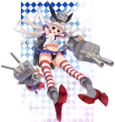 Rule 34 | 10s, 1girl, argyle, argyle background, argyle clothes, black panties, blonde hair, boots, cannon, dragonmaterial, elbow gloves, gloves, grey eyes, grey footwear, highleg, highleg panties, highres, kantai collection, lifebuoy, long hair, miniskirt, navel, open mouth, outstretched arm, panties, personification, rensouhou-chan, sailor collar, shimakaze (kancolle), skirt, striped clothes, striped thighhighs, swim ring, thighhighs, underwear