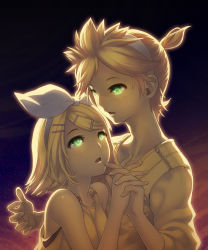 Rule 34 | 1boy, 1girl, backlighting, bare shoulders, blonde hair, blush, brother and sister, eye contact, glowing, glowing eyes, green eyes, hetero, holding hands, kagamine len, kagamine rin, kunieda, looking at another, ponytail, short hair, siblings, star (symbol), twins, vocaloid