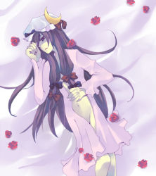 Rule 34 | 1girl, bed, female focus, flower, hair ribbon, hat, long hair, lying, navel, no pussy, open clothes, open shirt, patchouli knowledge, purple eyes, purple hair, ribbon, rose, shirt, solo, suzumura tomo, touhou