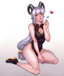 Rule 34 | 1girl, animal ears, bare hips, bare shoulders, black dress, bolt (min lona), breasts, china dress, chinese clothes, cleavage, cleavage cutout, clothing cutout, dress, goat ears, goat girl, goat horns, grey hair, groin, highleg, highleg dress, highres, horns, legs, long hair, medium breasts, original, pelvic curtain, sitting, sleeveless, sleeveless dress, solo, thick eyebrows, very long hair, white background, windsoul, yellow eyes