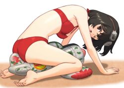Rule 34 | 1girl, aircraft, airplane, all fours, ass, azumasix, barefoot, between buttocks, bikini, black hair, breasts, brown eyes, butt crack, cleavage, goggles, goggles on head, inflatable toy, kirie (kouya no kotobuki hikoutai), kouya no kotobuki hikoutai, medium breasts, one eye closed, red bikini, short hair, solo, swimsuit