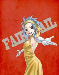 Rule 34 | 1girl, blue hair, breasts, copyright name, dress, elbow gloves, fairy tail, gloves, headband, levy mcgarden, mashima hiro, open mouth, short hair, sideboob, solo, traditional media