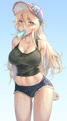 Rule 34 | 1girl, arms behind back, bare shoulders, baseball cap, blonde hair, blue eyes, blue shorts, blue sky, breasts, character name, cleavage, clothes writing, collarbone, cowboy shot, cutoffs, day, denim, denim shorts, food, food in mouth, hair between eyes, hat, highres, iowa (kancolle), kantai collection, kokuzou, large breasts, long hair, looking at viewer, mouth hold, navel, outdoors, popsicle, purple hat, shirt, short shorts, shorts, sky, solo, star-shaped pupils, star (symbol), sweat, symbol-shaped pupils, tank top, thighs, wet, wet clothes, wet shirt