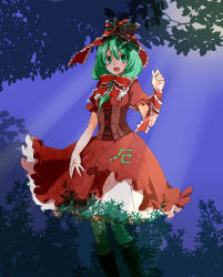 Rule 34 | 1girl, absurdres, arm up, blush, boots, bow, branch, cross-laced footwear, dress, forest, frilled skirt, frills, front ponytail, green eyes, green hair, hair bow, hair ribbon, happy, highres, kagiyama hina, knee boots, light particles, light rays, long hair, looking at viewer, matching hair/eyes, nature, open mouth, puffy short sleeves, puffy sleeves, red dress, ribbon, short sleeves, skirt, smile, solo, touhou, tree, wrist ribbon, yukina (masyumaro610)