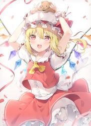 Rule 34 | 1girl, 6u (eternal land), :d, arms up, artist name, blonde hair, bloomers, blush, commentary request, cowboy shot, crystal, flandre scarlet, frilled shirt collar, frills, gradient background, grey background, hair between eyes, hat, hat ribbon, looking at viewer, mob cap, on head, one side up, open mouth, petals, petticoat, puffy short sleeves, puffy sleeves, red eyes, red ribbon, red skirt, red vest, ribbon, rose petals, sash, shirt, short hair, short sleeves, skirt, smile, solo, standing, stuffed animal, stuffed toy, teddy bear, touhou, twitter username, underwear, vest, white bloomers, white hat, white sash, white shirt, wings, wrist cuffs, yellow neckwear