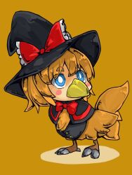 Rule 34 | 1girl, beak, black capelet, black hat, black shirt, blonde hair, blue eyes, bow, bowtie, bright pupils, capelet, chocobo, commentary request, cookie (touhou), final fantasy, full body, hat, hat bow, human head, kanakamei1, kirisame marisa, looking to the side, medium bangs, meguru (cookie), red bow, red bowtie, shirt, short hair, simple background, solo, thick eyebrows, touhou, white pupils, witch hat, yellow background