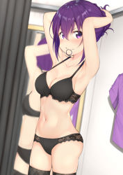 Rule 34 | 1girl, armpits, arms up, bare arms, bare shoulders, black bra, black panties, black thighhighs, blurry, blurry background, blush, bra, breasts, bunching hair, cleavage, closed mouth, collarbone, commentary request, curtains, depth of field, gochuumon wa usagi desu ka?, hair between eyes, hair tie, hair tie in mouth, highres, indoors, looking at viewer, medium breasts, mirror, mottsun (i 40y), mouth hold, navel, nose blush, panties, purple eyes, purple hair, purple shirt, reflection, shirt, unworn shirt, short sleeves, solo, standing, tedeza rize, thighhighs, underwear, underwear only, v-shaped eyebrows