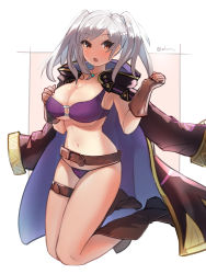 Rule 34 | 1girl, :o, belt, bikini, boots, breasts, brown footwear, brown gloves, cape, cleavage, ehrrr, fire emblem, fire emblem awakening, fire emblem heroes, full body, gloves, highres, jewelry, large breasts, looking at viewer, navel, nintendo, o-ring, o-ring bikini, o-ring top, pendant, red eyes, robin (female) (fire emblem), robin (fire emblem), silver hair, solo, swimsuit, thigh strap, twitter username, two side up, underboob