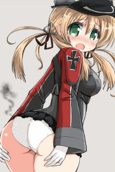 Rule 34 | 10s, 1girl, anchor hair ornament, ass, black skirt, blonde hair, blush, burnt clothes, cowboy shot, cross, from behind, gloves, green eyes, hair ornament, hair ribbon, hands on ass, hat, iron cross, kantai collection, long hair, long sleeves, looking at viewer, looking back, microskirt, military, military uniform, naitou kouse, open mouth, panties, peaked cap, pleated skirt, prinz eugen (kancolle), ribbon, silver background, simple background, skirt, solo, tears, torn clothes, torn skirt, twintails, underwear, uniform, white gloves, white panties