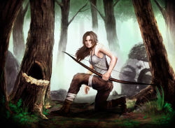 Rule 34 | 1girl, absurdres, bad id, bad pixiv id, bandages, bow (weapon), breasts, brown eyes, brown hair, forest, highres, lara croft, long hair, nature, realistic, solo, tank top, tomb raider, tomb raider (reboot), toro (6636), tree, weapon