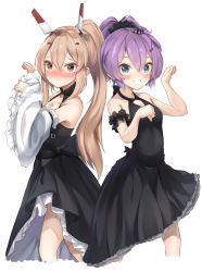 Rule 34 | 2girls, :d, absurdres, alternate costume, armpits, ayanami (azur lane), ayanami (nightfall raiment) (azur lane), azur lane, black dress, blue eyes, blush, breasts, cleavage, collarbone, commentary request, crown, detached sleeves, dress, grin, hair between eyes, hair ornament, hairclip, headgear, highres, javelin (azur lane), long hair, looking at viewer, micchamu, mini crown, multiple girls, official alternate costume, open mouth, orange eyes, paw pose, ponytail, purple hair, retrofit (azur lane), sidelocks, silver hair, simple background, smile, white background, wide sleeves