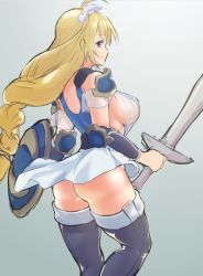 Rule 34 | 1girl, 2018, ahoge, armor, ass, blonde hair, blue background, blue eyes, braid, breasts, chuuhiji elc, elbow pads, from behind, from side, holding, holding sword, holding weapon, large breasts, long hair, shield, shoulder armor, sideboob, sketch, skirt, solo, sophitia alexandra, soul calibur, sword, thighhighs, weapon