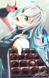 Rule 34 | 1girl, blue eyes, box, box of chocolates, chocolate, dated, double-parted bangs, eiyuu densetsu, food, hair between eyes, half updo, highres, holding, holding chocolate, holding food, jewelry, kuro no kiseki, long hair, looking at viewer, necklace, open mouth, shizuna rem misurugi, sidelocks, signature, smile, solo, tinybiard, twitter username, white hair