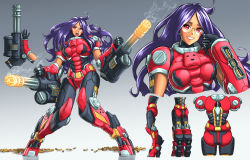 Rule 34 | 1girl, ahoge, commentary, cyberpunk, cyborg, digitigrade, doom (series), english commentary, full body, gatling gun, glasses, gradient background, grey background, grin, gun, highres, long hair, personification, purple hair, red eyes, shell casing, smile, smoke, smoking barrel, standing, substance20, teeth, upper teeth only, weapon