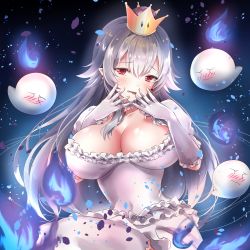 Rule 34 | 1girl, bad id, bad pixiv id, blush, boo (mario), breasts, brooch, cleavage, collarbone, crown, detached collar, dress, earrings, fang, frilled dress, frilled gloves, frilled sleeves, frills, ghost, gloves, hair between eyes, hands up, jewelry, large breasts, long hair, looking at viewer, luigi&#039;s mansion, mario (series), melings (aot2846), new super mario bros. u deluxe, nintendo, open mouth, princess king boo, puffy short sleeves, puffy sleeves, red eyes, short sleeves, silver hair, super crown, thighhighs, tongue, tongue out, white dress, white gloves, white thighhighs