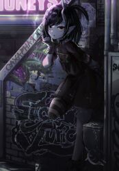 Rule 34 | 1girl, black dress, black hair, brick wall, cigarette, commentary request, cross print, demon girl, demon tail, dress, ellieka sama, eye of providence, flat chest, foot out of frame, graffiti, highres, holding, holding cigarette, leaning forward, limited palette, looking at viewer, medium bangs, medium hair, nanashi inc., official alternate costume, one side up, open mouth, orange eyes, pantyhose, pointy ears, print dress, russian text, shishio chris, shishio chris (3rd costume), short sleeves, single leg pantyhose, smoke, solo, striped clothes, striped pantyhose, tail, virtual youtuber, wristband