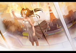 Rule 34 | 1girl, arm up, bare shoulders, blonde hair, cityscape, clothes lift, cloud, dress, letterboxed, long hair, neyagi, original, red sky, skirt, skirt lift, sky, solo, standing, sundress, sunset, tokyo tower, train, wind, window, yellow eyes