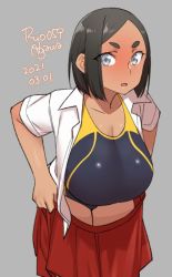 Rule 34 | 1girl, 2021, agawa ryou, black hair, breasts, cleavage, commentary, dark skin, dark-skinned female, dated, english commentary, grey background, grey eyes, huge breasts, large breasts, original, short hair, simple background, solo