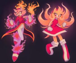 Rule 34 | 2girls, amy rose, animal ears, blaze the cat, burning, burning blaze, cat ears, clenched hands, dress, eyelashes, fang, fiery hair, fire, forehead jewel, furry, furry female, gloves, glowing, gold necklace, hairband, hedgehog ears, hedgehog tail, highres, jacket, jewelry, long hair, minxinq, multiple girls, necklace, open mouth, pants, pink fur, red dress, red eyes, red footwear, red jacket, sonic (series), super amy rose, tail, very long hair, white pants, yellow eyes