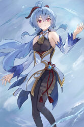 Rule 34 | 1girl, bare shoulders, blue hair, breasts, commentary request, flower, ganyu (genshin impact), genshin impact, gloves, hair between eyes, hair ornament, highres, jewelry, long hair, long sleeves, looking at viewer, medium breasts, parted lips, ponzu pon9, purple eyes, simple background, solo, standing