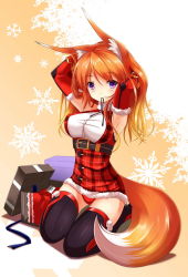 Rule 34 | 1girl, adjusting hair, animal ears, armpits, arms up, blue ribbon, blush, breasts, christmas, fatkewell, fox ears, fox tail, gift, kneeling, large breasts, long hair, mouth hold, orange hair, original, plaid, purple eyes, ribbon, rika eastre, solo, tail, thighhighs