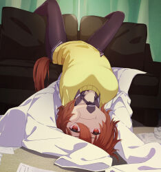 Rule 34 | 1girl, :i, agnes tachyon (umamusume), black pantyhose, brown eyes, brown hair, commentary, couch, cushion, green curtains, hair between eyes, highres, horse tail, indoors, lab coat, pantyhose, paper, pout, shijima (shizima 03), short hair, sleeves past fingers, sleeves past wrists, solo, sweater, tail, umamusume, upside-down, yellow sweater