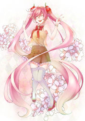 Rule 34 | 1girl, bare shoulders, bow, bowtie, cherry, cherry blossoms, closed eyes, double v, food, fruit, hatsune miku, highres, long hair, name connection, object namesake, open mouth, pink hair, retsuna, sakura miku, skirt, solo, thigh gap, thighhighs, thighs, twintails, v, very long hair, vocaloid, watch, white thighhighs