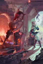 Rule 34 | 2girls, animal ears, apron, warrior of light (ff14), barrel, boots, breasts, brown eyes, brown hair, cat, cat ears, cleavage, cutesexyrobutts, facial mark, final fantasy, final fantasy xiv, gloves, heterochromia, high heel boots, high heels, highres, holding, huge breasts, indoors, kneehighs, large breasts, lips, long hair, miqo&#039;te, molten metal, multiple girls, muscular, naked apron, open mouth, pink hair, short hair, sitting, socks, standing, sword, tattoo, thighhighs, too many, too many cats, two-handed, v-shaped eyebrows, weapon, whisker markings, wooden floor