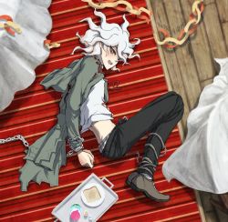 Rule 34 | 1boy, :d, arms behind back, artist name, belt, black pants, blush, bound, bread slice, brown belt, chain, chained, cuffs, danganronpa (series), danganronpa 2: goodbye despair, food, from above, from side, green jacket, handcuffs, jacket, komaeda nagito, lying, male focus, male underwear, on side, open mouth, pale skin, pants, plaid, print shirt, shirt, shoes, smile, solo, stomach, teeth, toast, underwear, upper teeth only, white hair, white shirt, yandr4hope