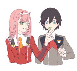 Rule 34 | 10s, 1boy, 1girl, black hair, blue eyes, candy, commentary request, couple, darling in the franxx, food, green eyes, hair ornament, hairband, hand up, hetero, hiro (darling in the franxx), holding, holding candy, holding food, holding lollipop, horns, in mouth, lollipop, long hair, long sleeves, mekune, military, military uniform, necktie, oni horns, orange neckwear, pink hair, red horns, red neckwear, sharing food, short hair, uniform, white hairband, zero two (darling in the franxx)
