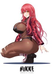 Rule 34 | 1girl, absurdres, ass, black bra, black panties, bodystocking, bra, breasts, cleavage, goddess of victory: nikke, highres, jacket, large breasts, long sleeves, looking at viewer, nail polish, open clothes, open jacket, panties, red hair, red jacket, see-through, see-through cleavage, smile, solo, squatting, standing, torahime (roland00), torn clothes, underwear, volume (nikke), white background, yellow eyes